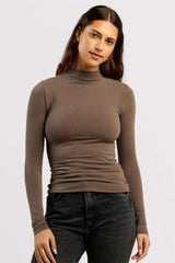 Cotton Stretch Long Sleeve Mock Neck Shirt | Mocha