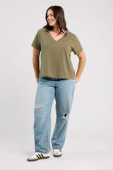 Vintage Cotton V-Neck Everyday T-Shirt | Olive