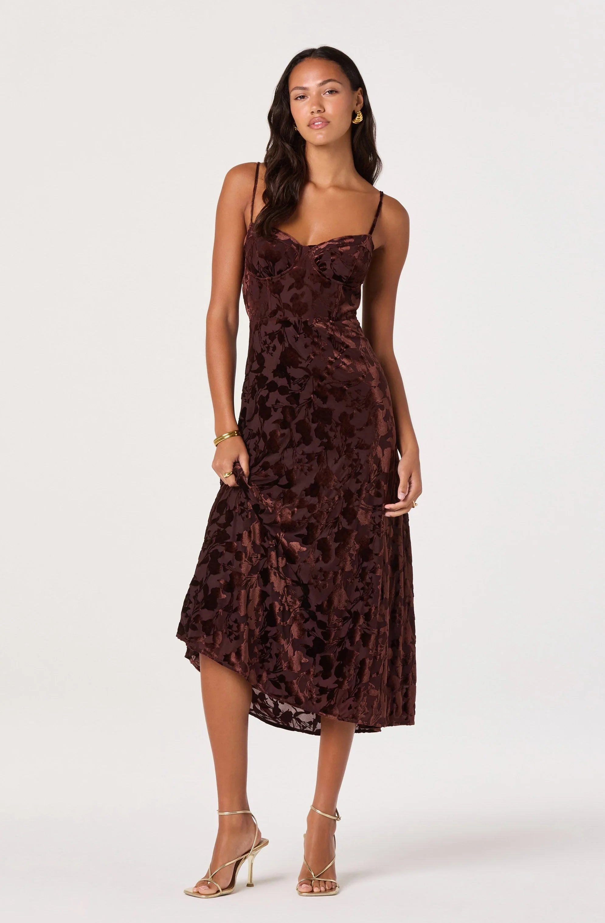 Lbruh Velvet Floral Burnout Bustier Midi Dress