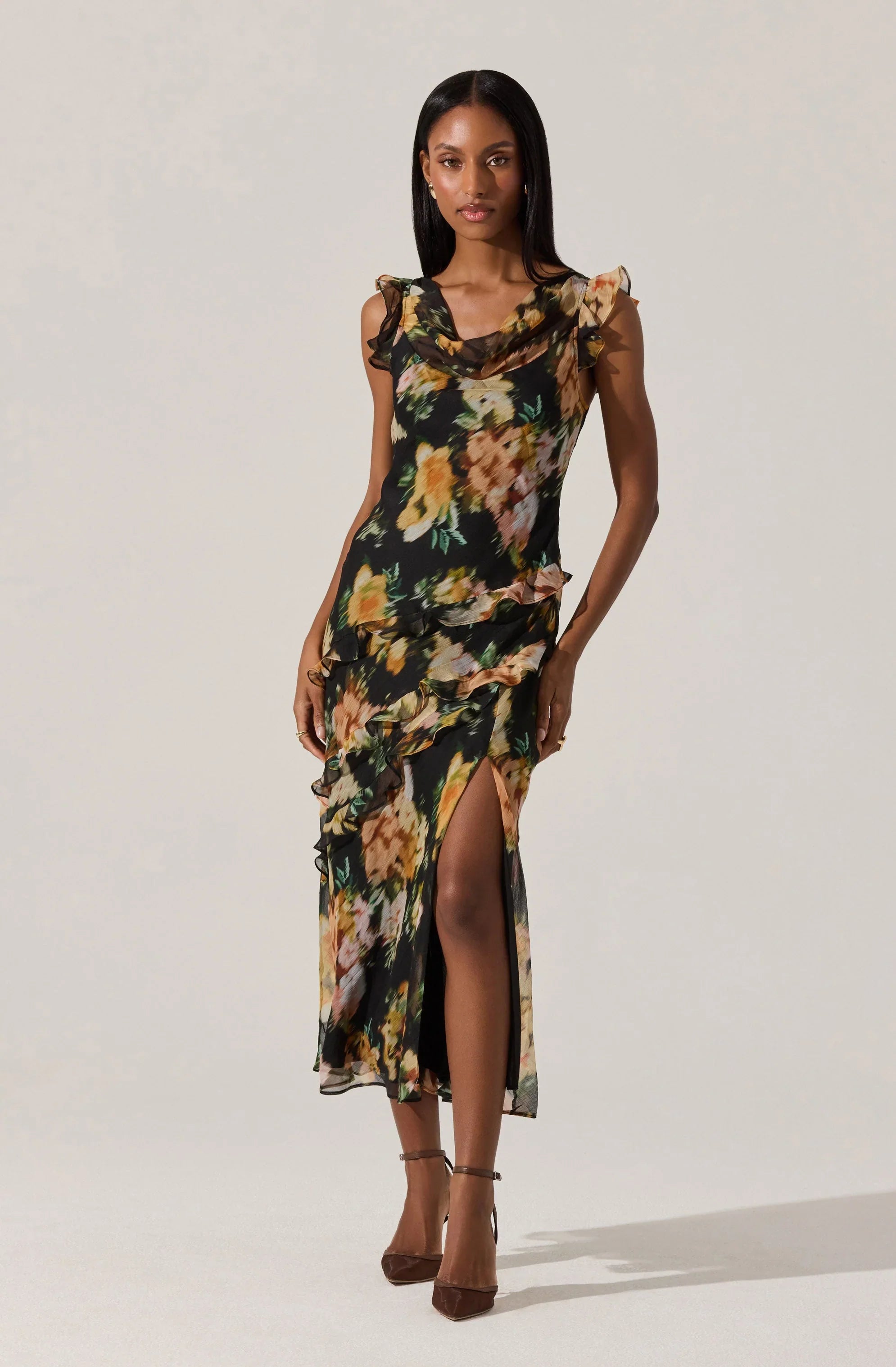 Lbruh Alinta Floral Ruffle Cowl Neck Midi Dress