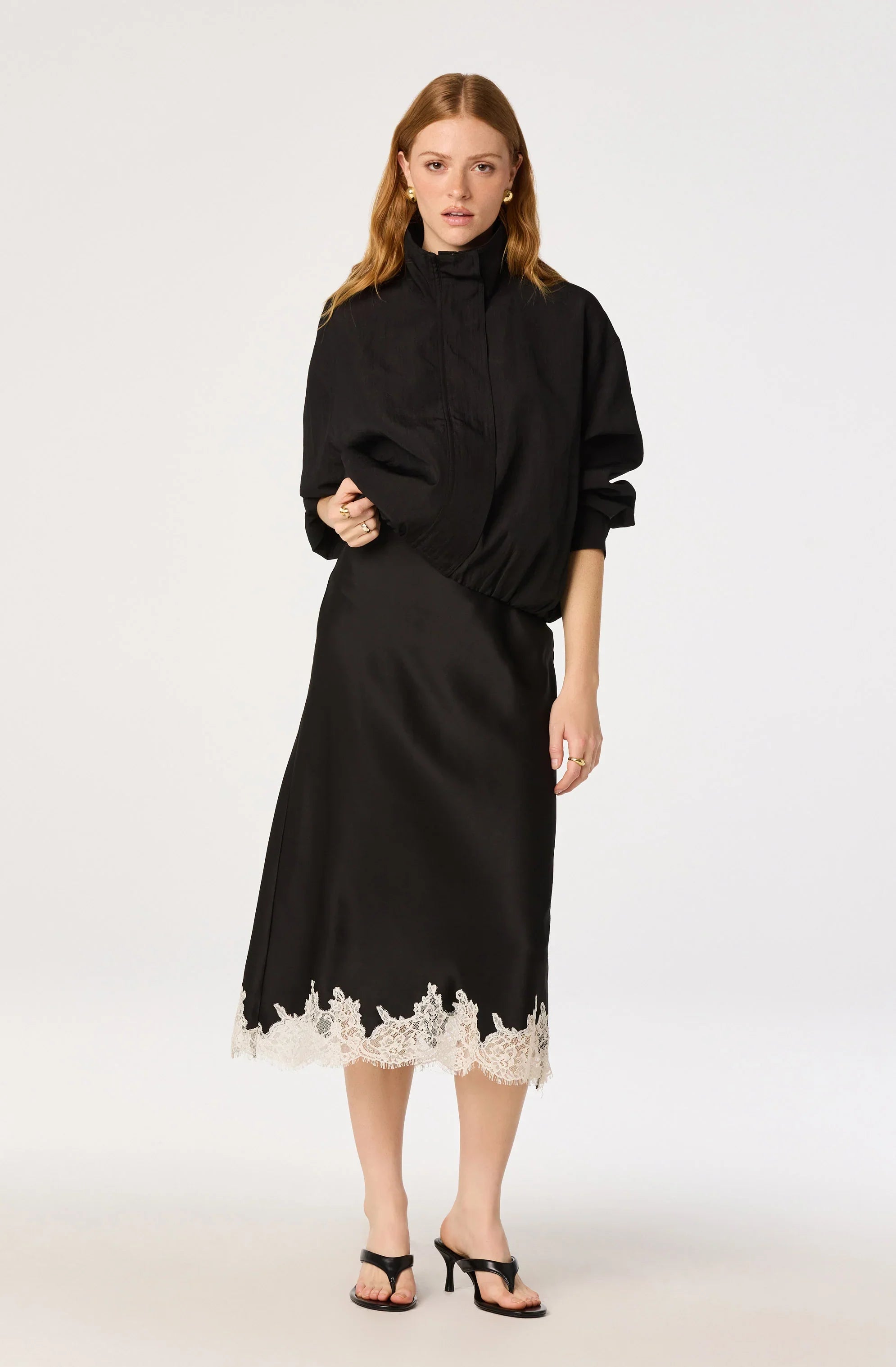 Inixyf Blossom Lace Hem Midi Skirt