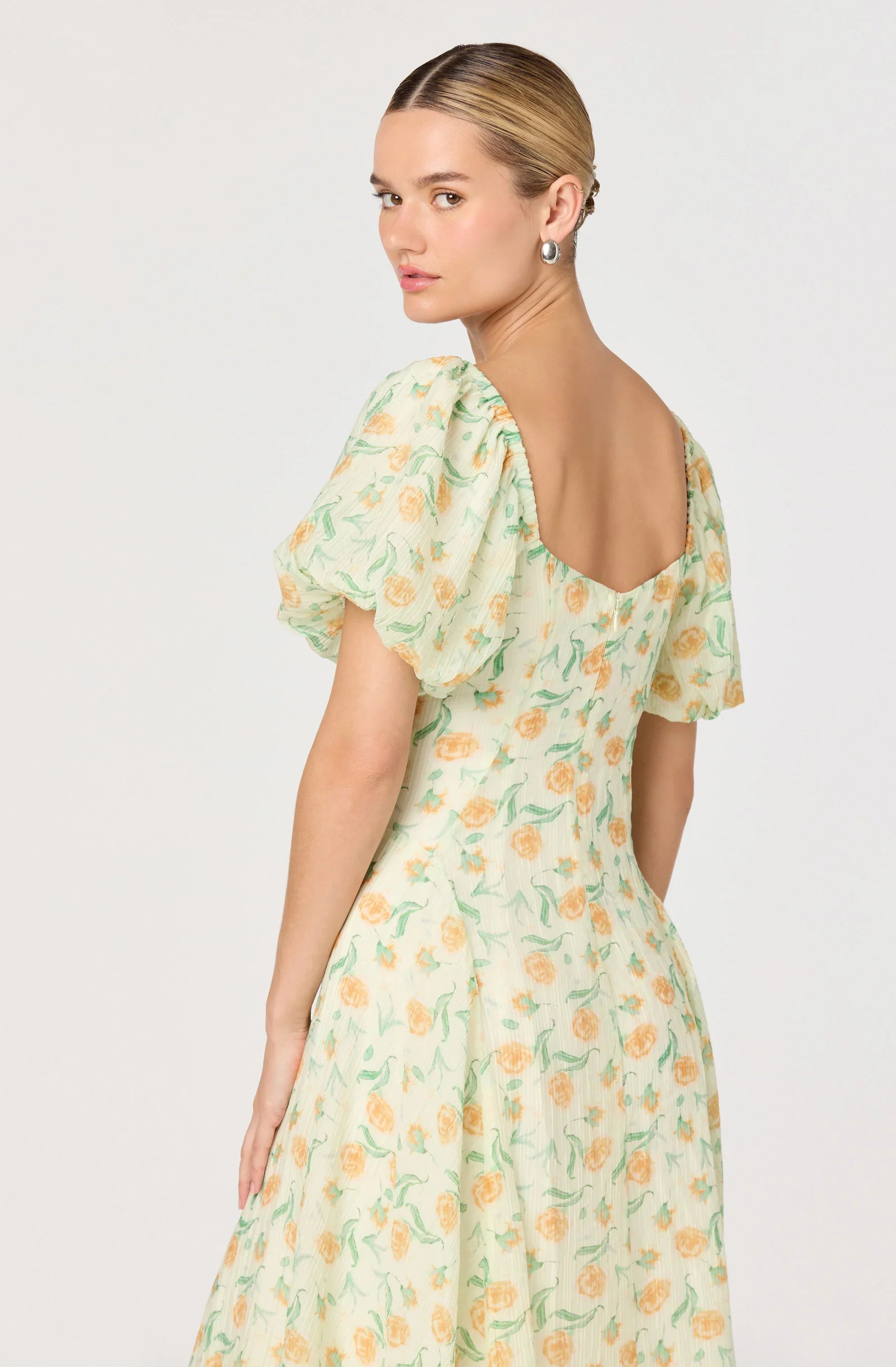 Inixyf Mayra Floral Plissé Puff Sleeve Midi Dress