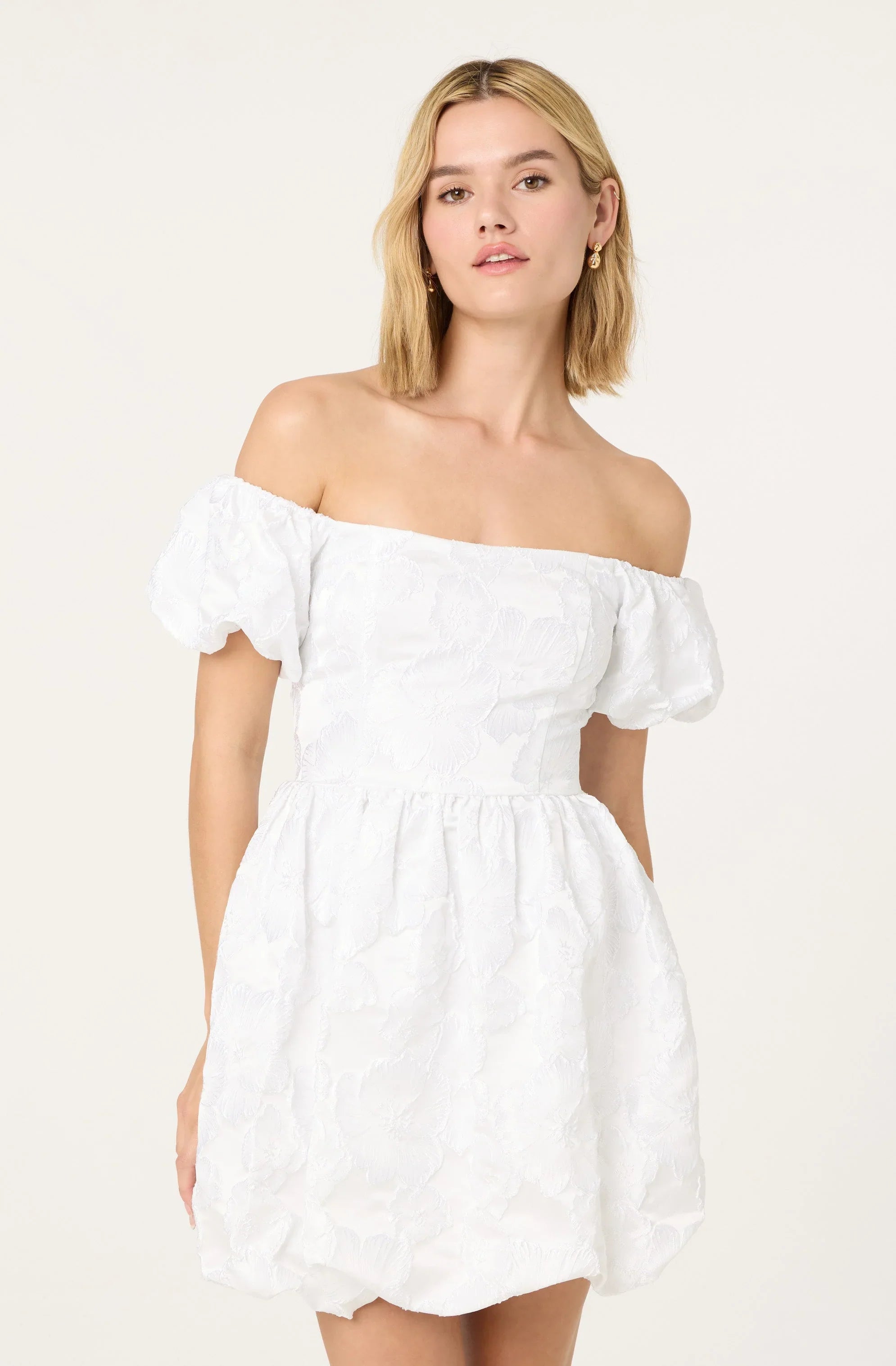 Lbruh Off Shoulder Floral Jacquard Bubble Dress