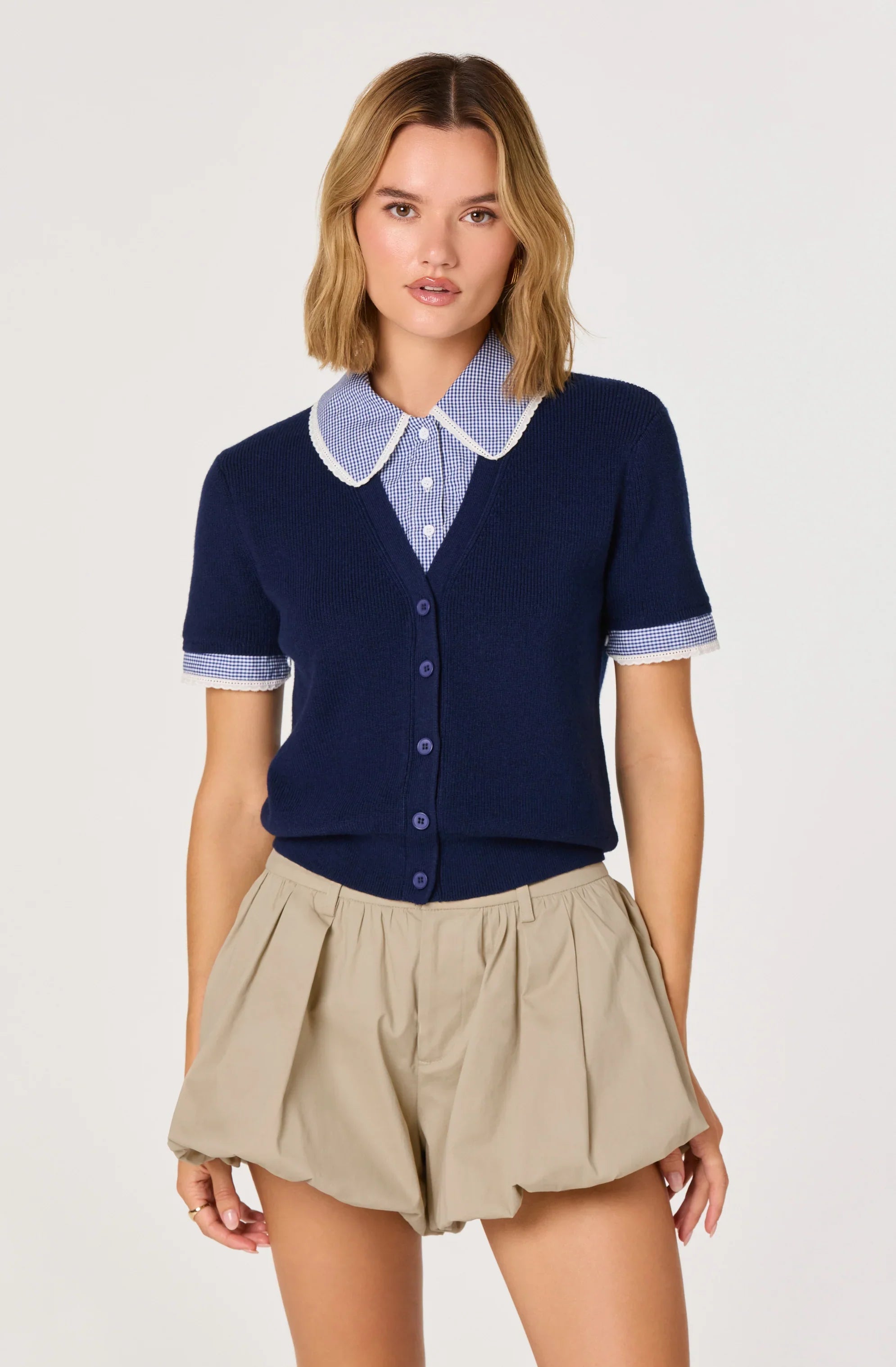 Inixyf Marlee Mixed Media Cardigan with Gingham Collar