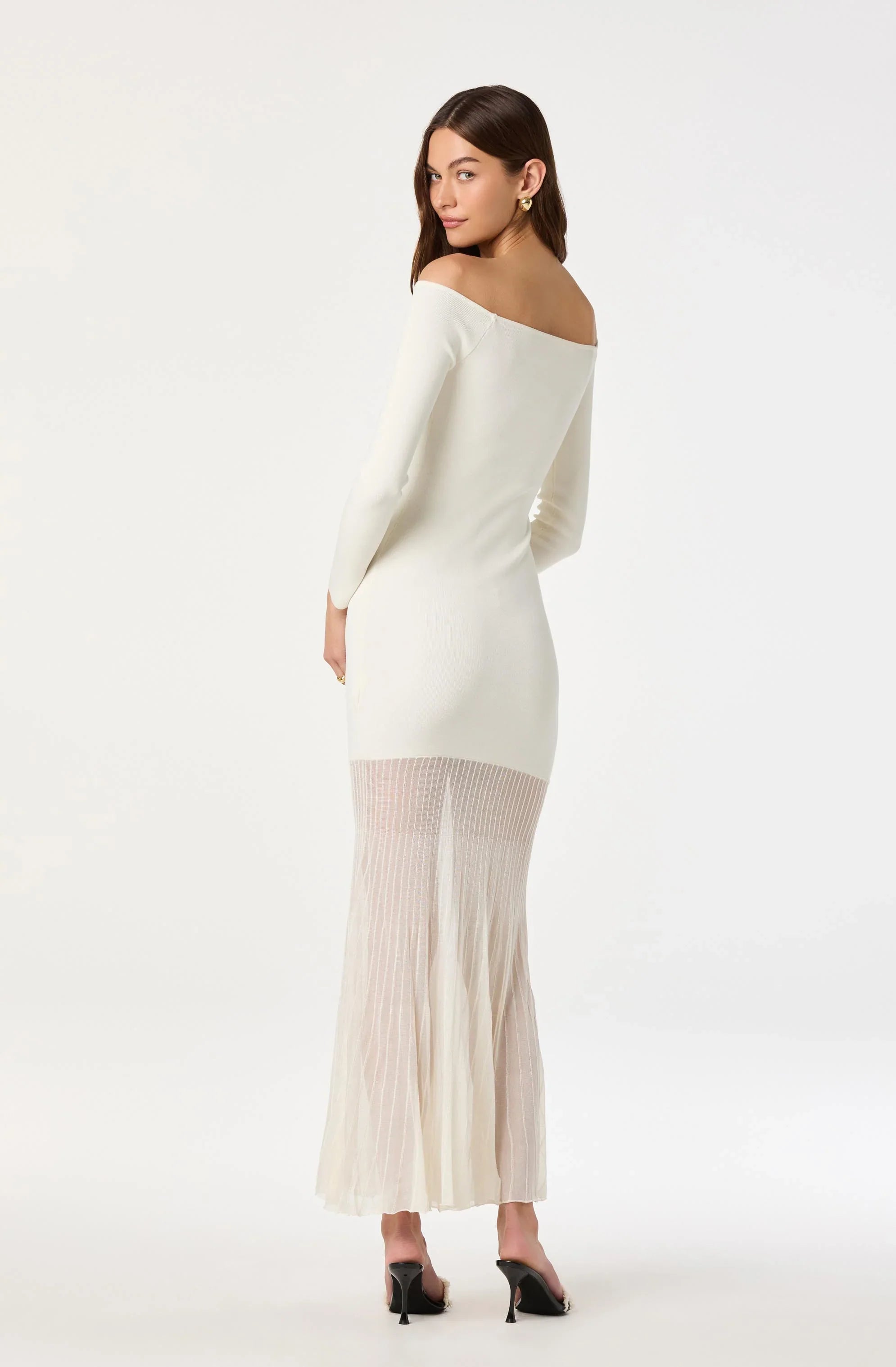 Lbruh Off Shoulder Mesh Panel Hem Maxi Dress