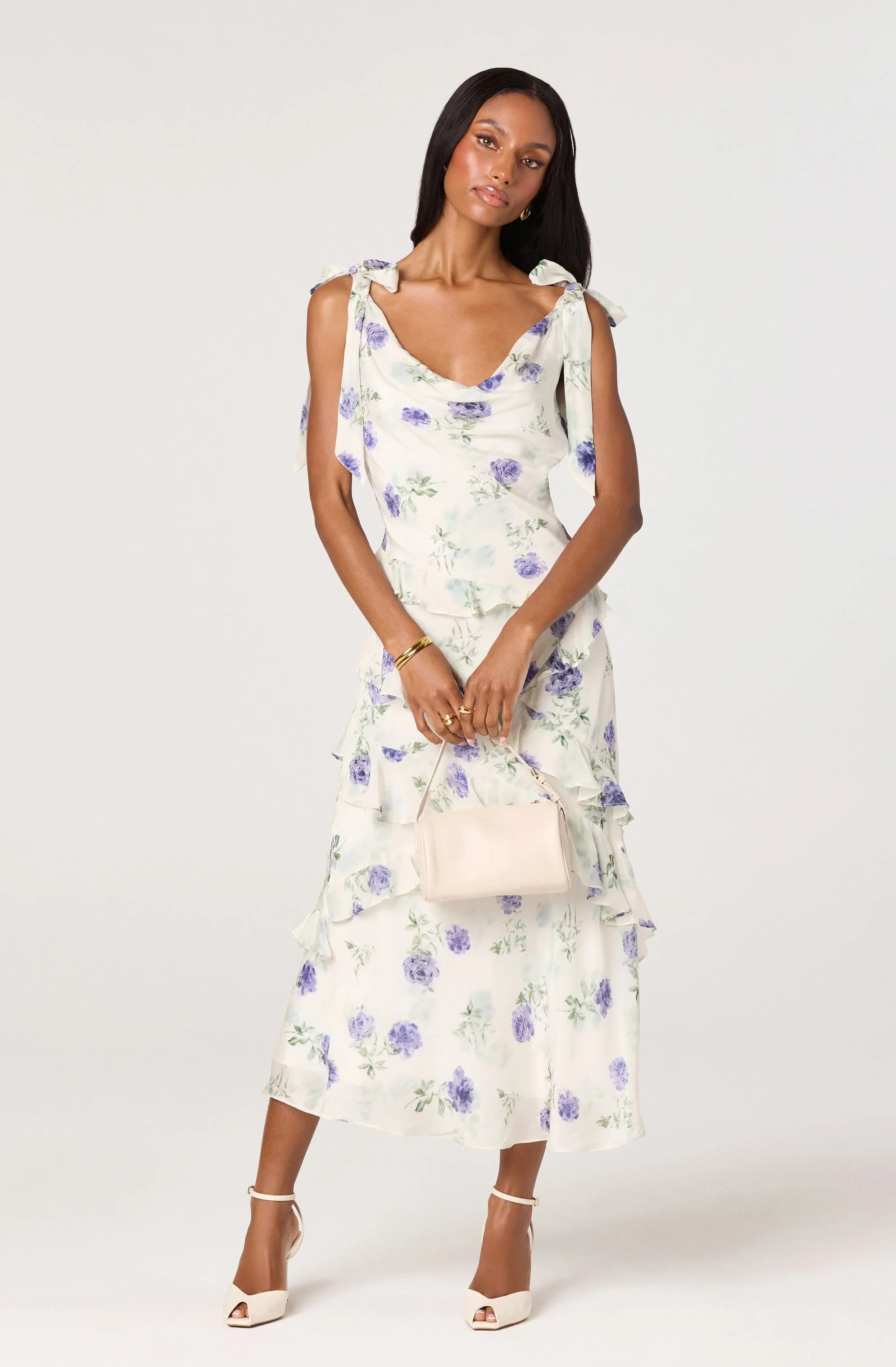 Inixyf Fen Floral Tie-Strap Ruffle Midi Dress