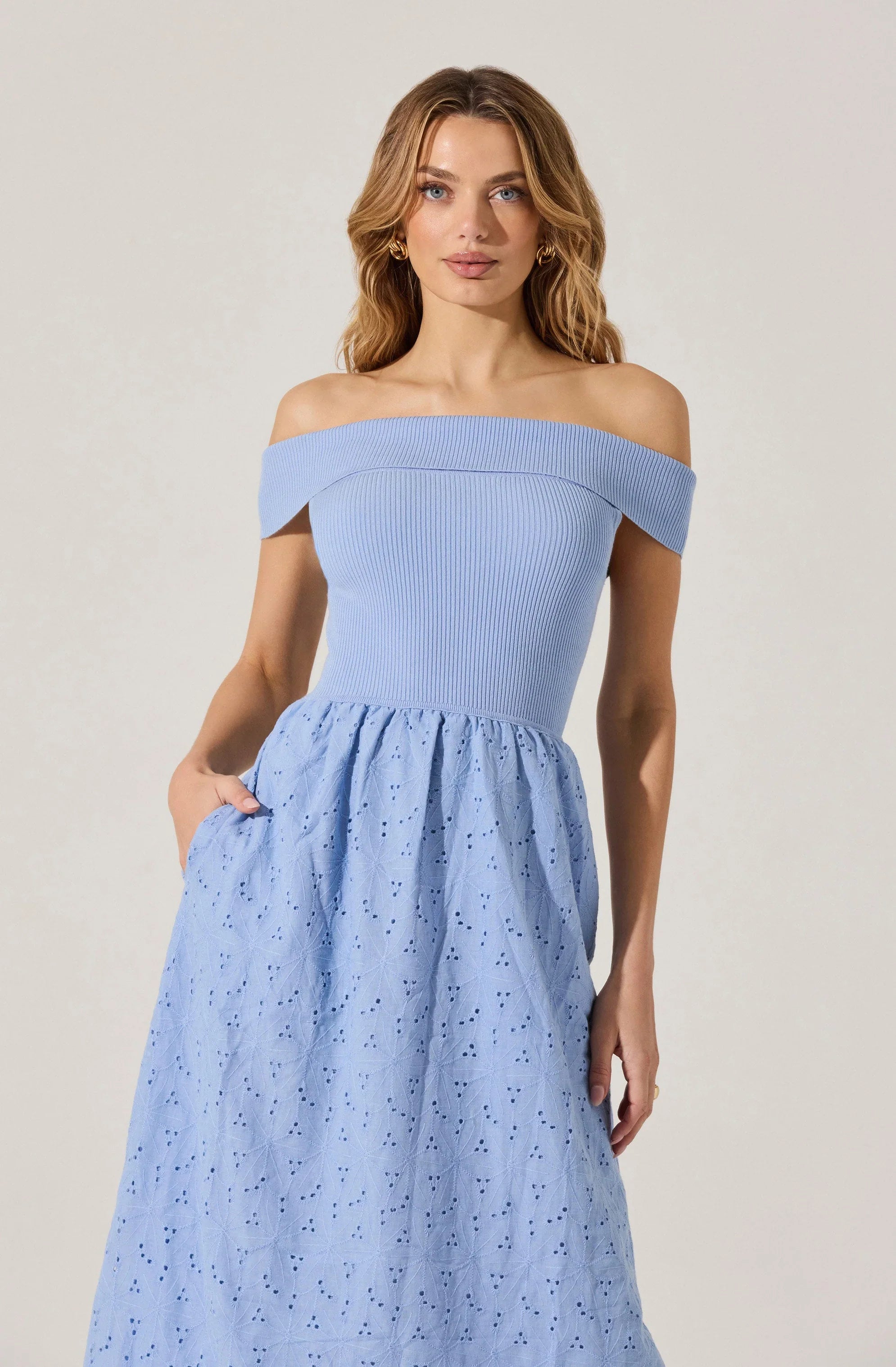 Lbruh Off Shoulder Eyelet Midi Dress