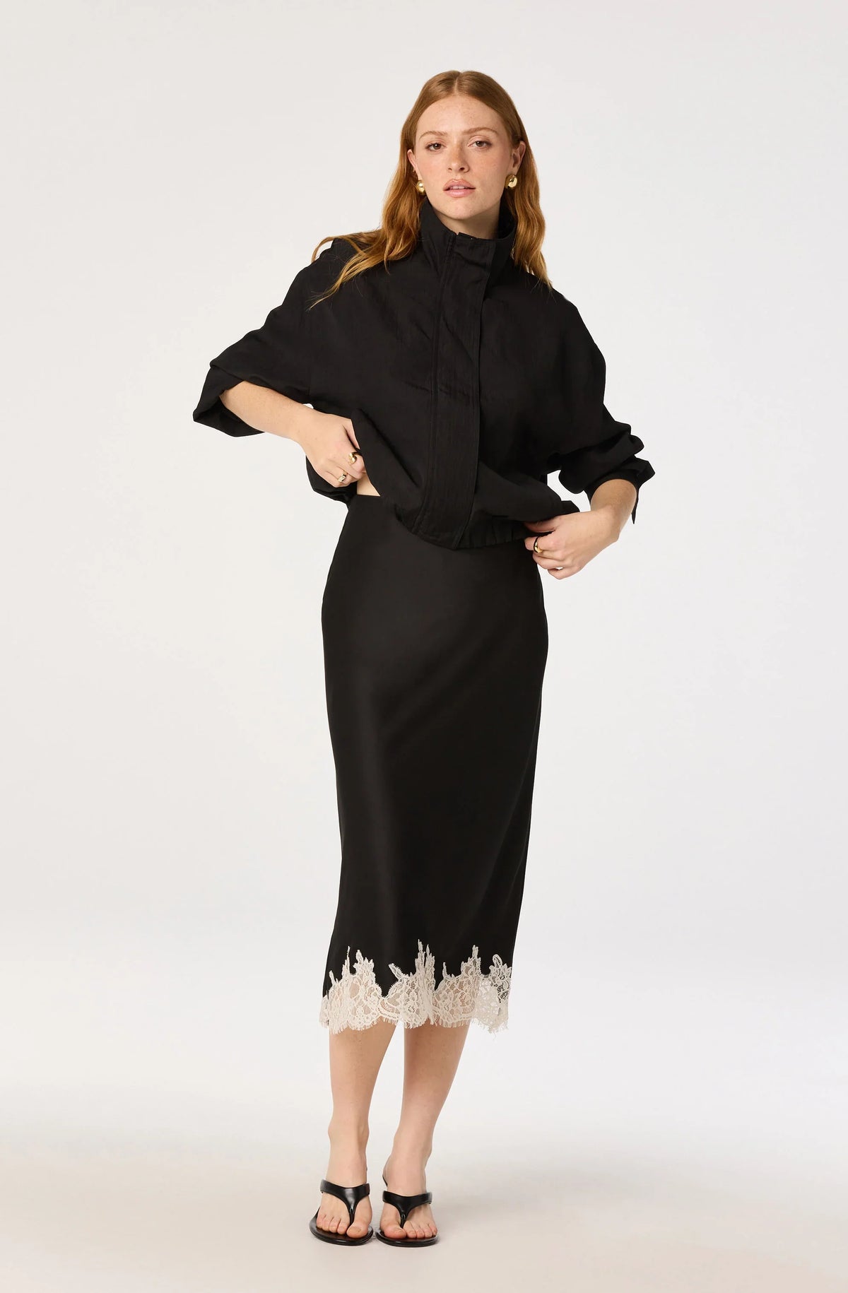 Inixyf Blossom Lace Hem Midi Skirt