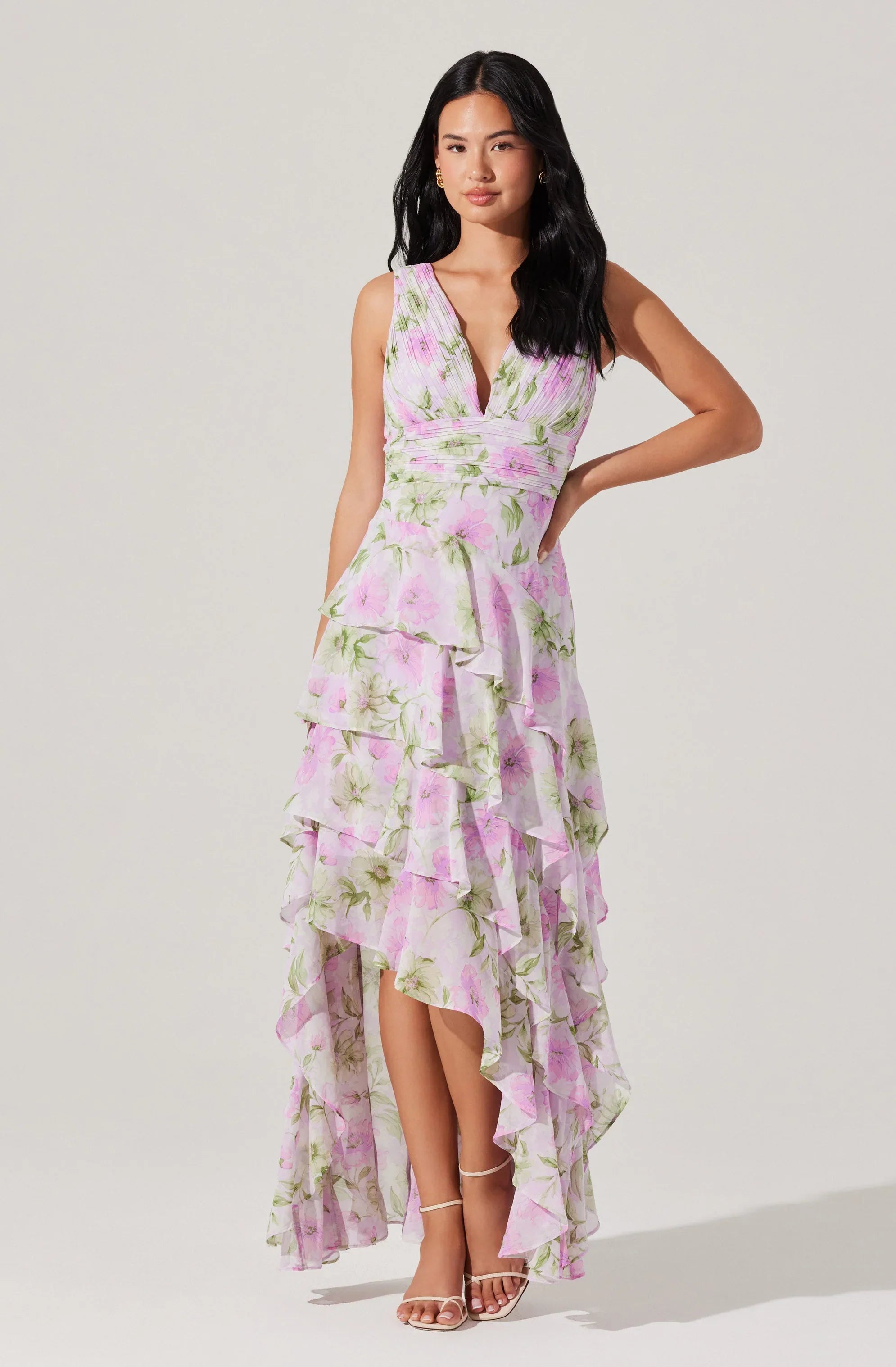 Lbruh Cytherea Asymmetric Floral Ruffle Midi Dress