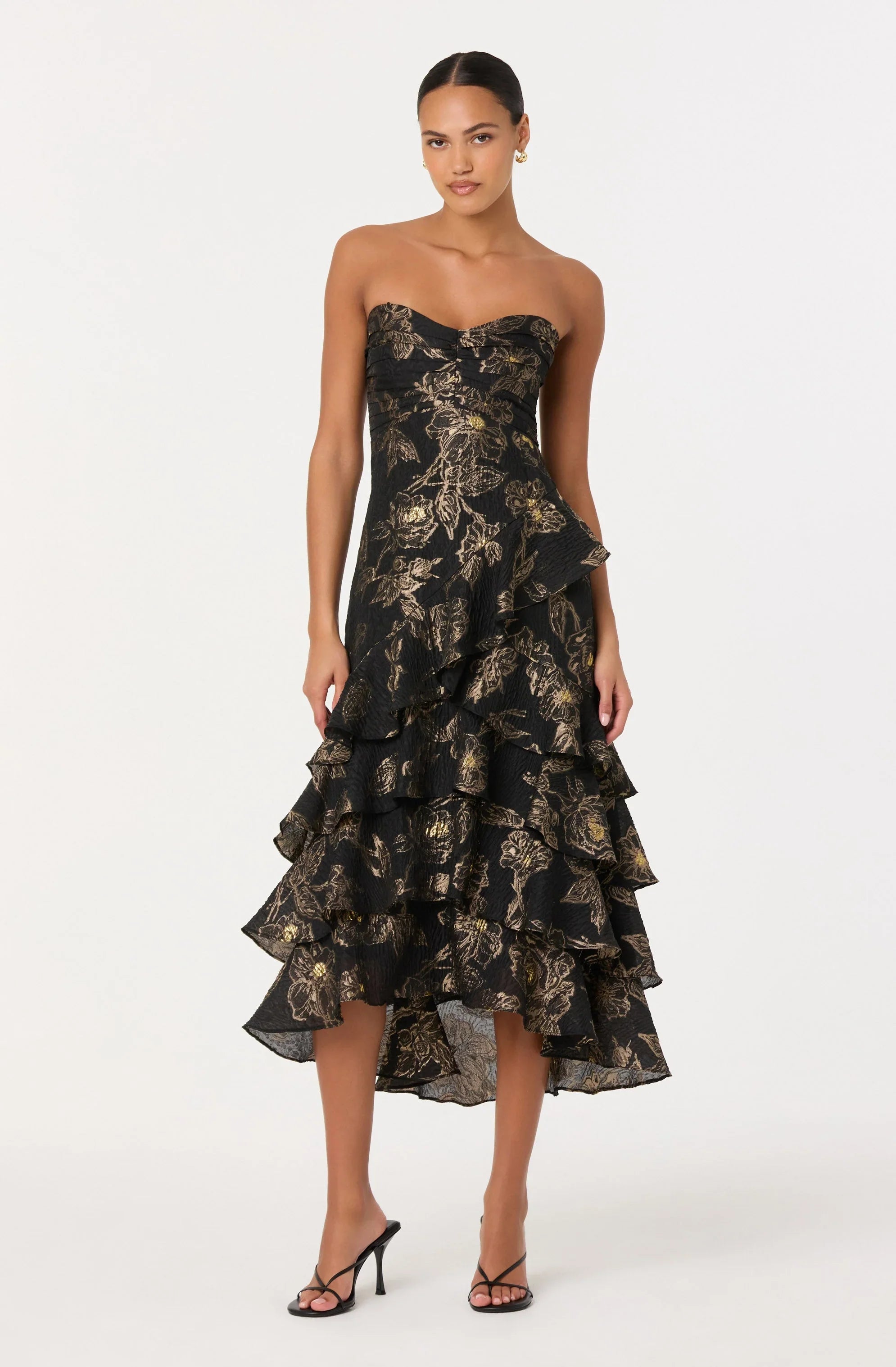 Lbruh Marysia Strapless Metallic Floral Midi Dress