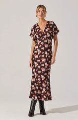 Lbruh Talyha Floral Satin V-Neck Midi Dress