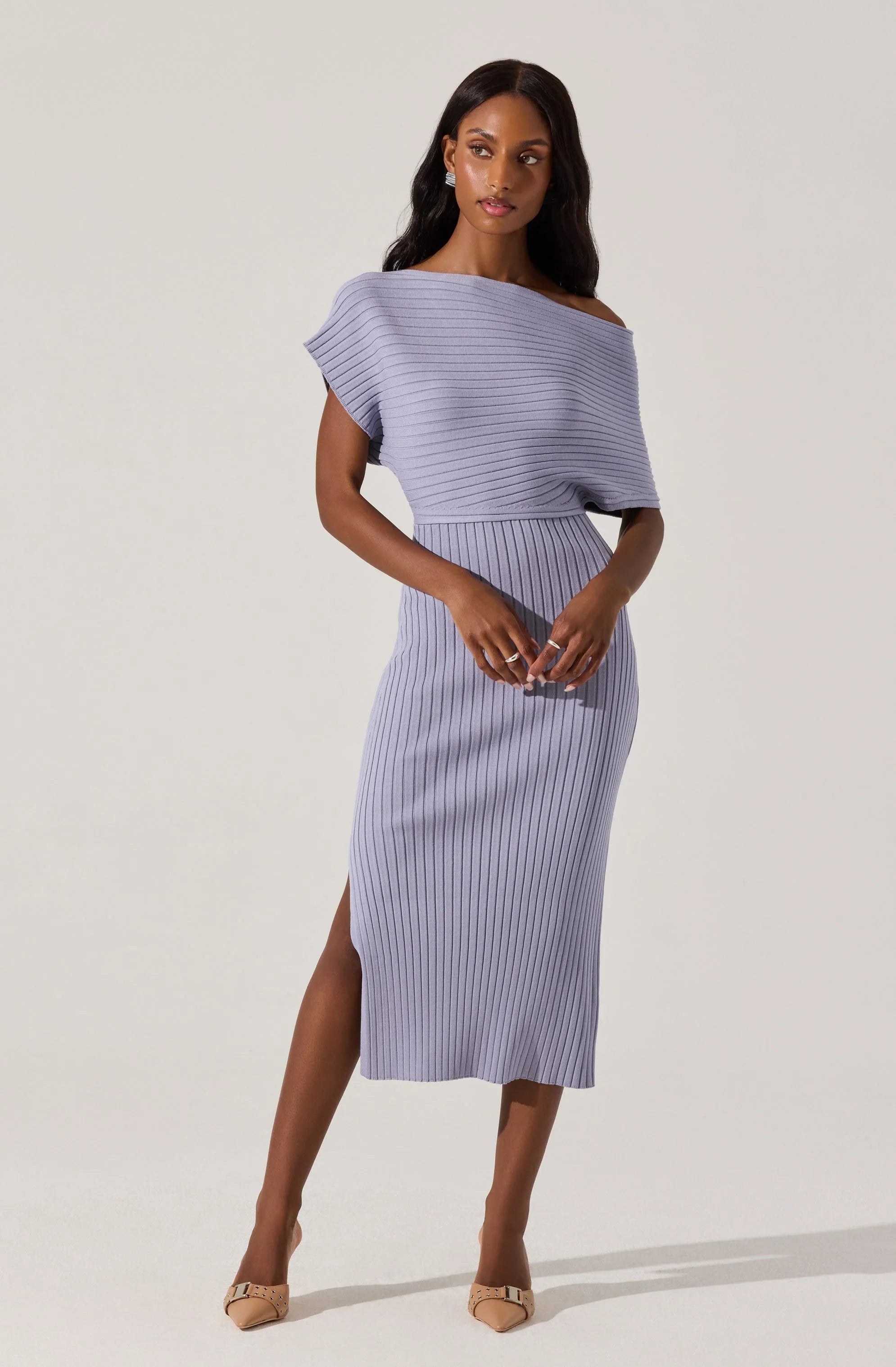 Lbruh Off Shoulder Ribbed Midi Sweater Dress