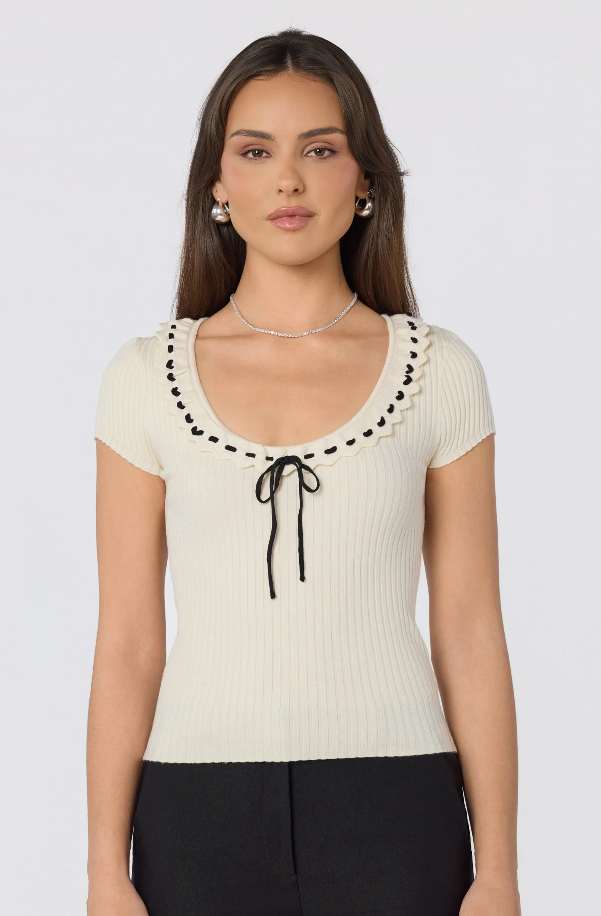 Inixyf Lina Ruffle Trim Ribbed Sweater Top