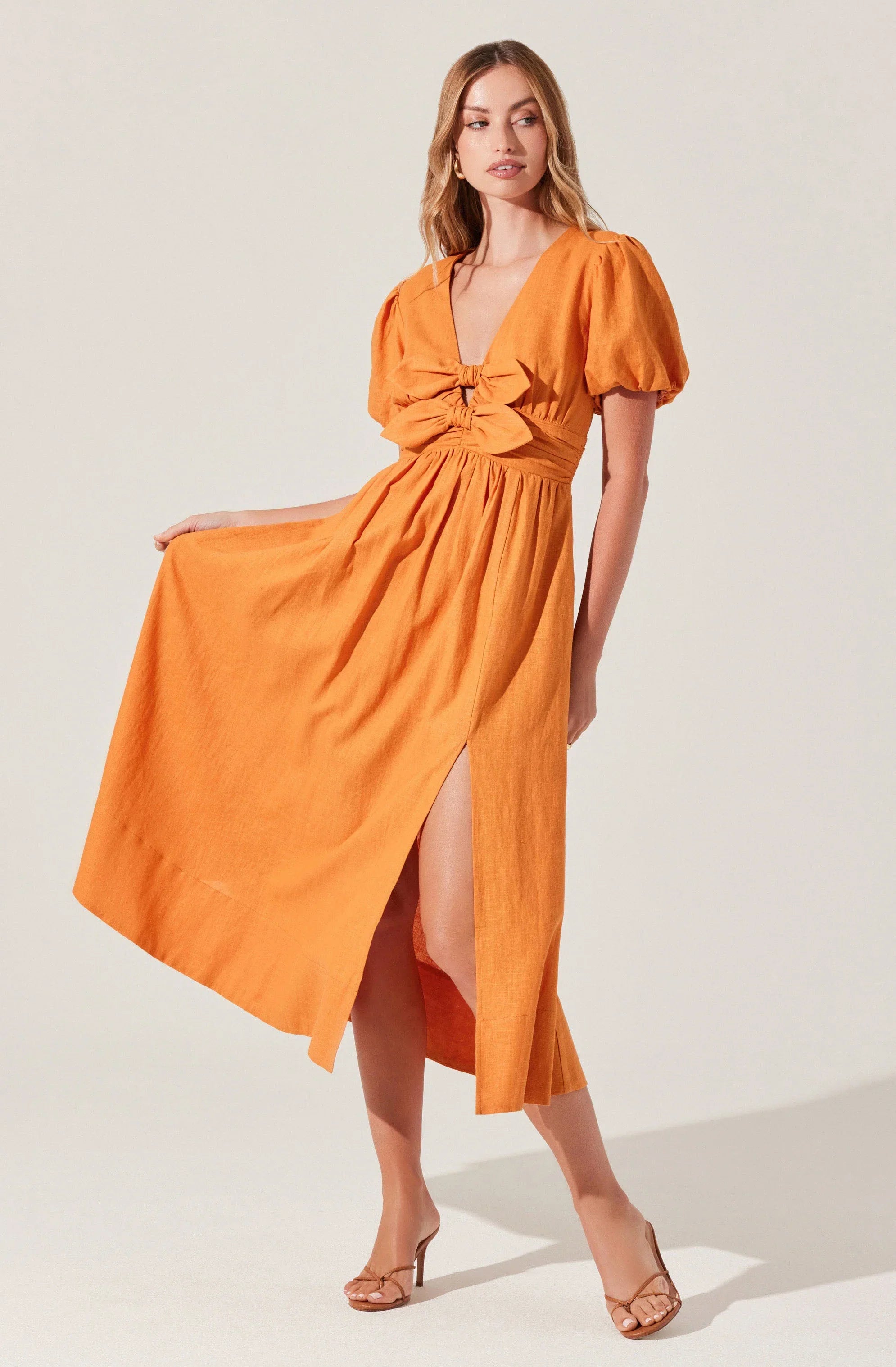 Lbruh Citrine Linen Bow Front Midi Dress